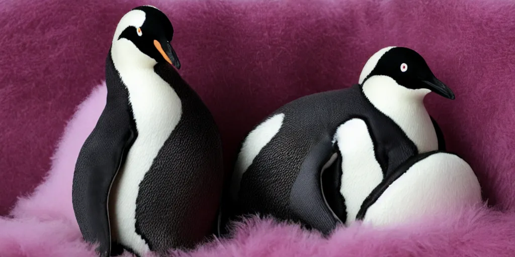 Image similar to realistic penguin sitting in a pink fluffy bed