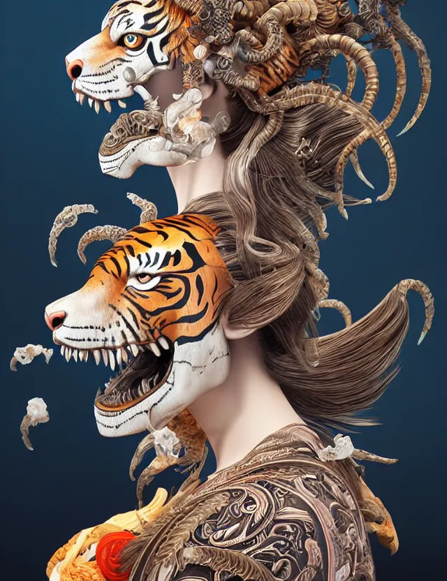 Image similar to 3 d goddess tiger skull half - turn portrait with long hair with ram skull. beautiful intricately detailed japanese crow kitsune mask and clasical japanese kimono. betta fish, jellyfish phoenix, bio luminescent, plasma, ice, water, wind, creature, artwork by tooth wu and wlop and beeple and greg rutkowski