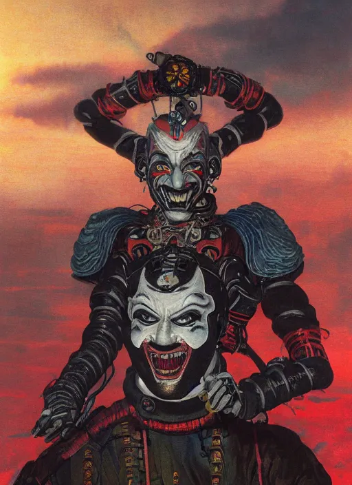 Image similar to portrait of a diabolical cyborg clown samurai kabuki with a flamethrougher, torn cape, dynamic pose, glowing eyes, ancient ruins, glowing veins subsurface scattering, in clouds, sunset, portrait, by gerald brom, by mikhail vrubel, by peter elson, muted colors, extreme detail, reflections, trending on artstation, 8 k