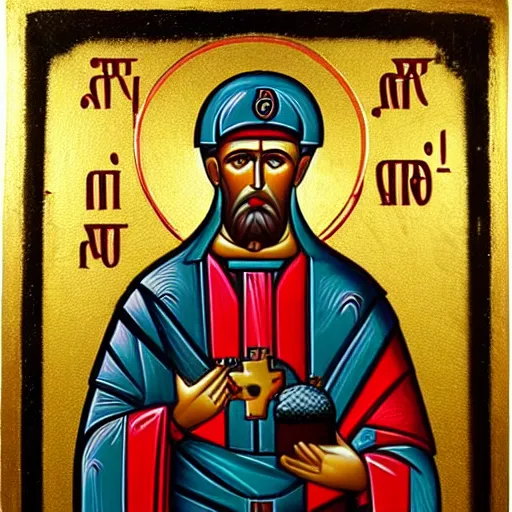 Prompt: hamburglar, portrait, ancient byzantine icon hamburglar, roman catholic icon, patron saint of hamburgers, orthodox