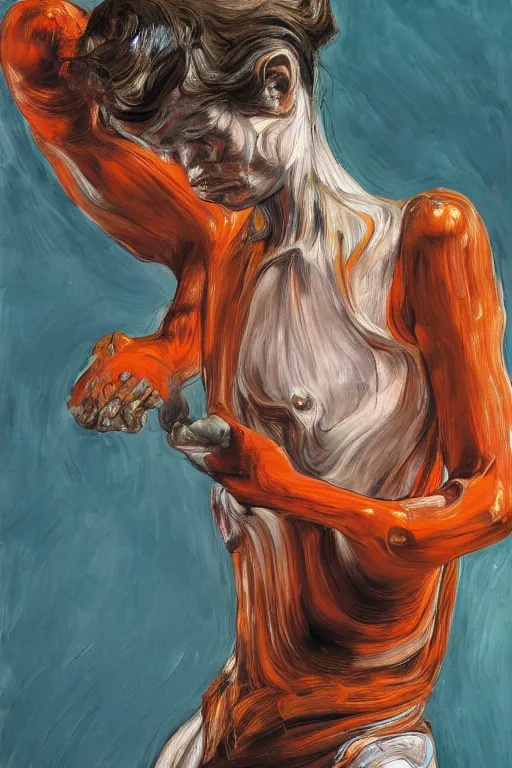 Image similar to high quality high detail painting of a ballerina in agony by lucian freud and jenny saville and francis bacon, hd, dark demonic dancer, turquoise and orange