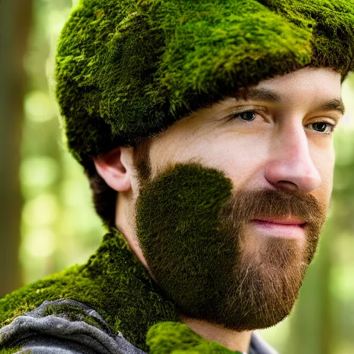 Image similar to portrait of a man with hat made of moss, 4k, full shot, high details, natural light, Forrest in background