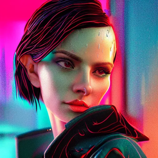 Image similar to cinematic cartoon women portrait made out of rain, pinstripe suit, short hair, cyberpunk background, rendered in octane, unreal engine, highly detailed, trending on artstation, realistic, splashes of neon, beautiful