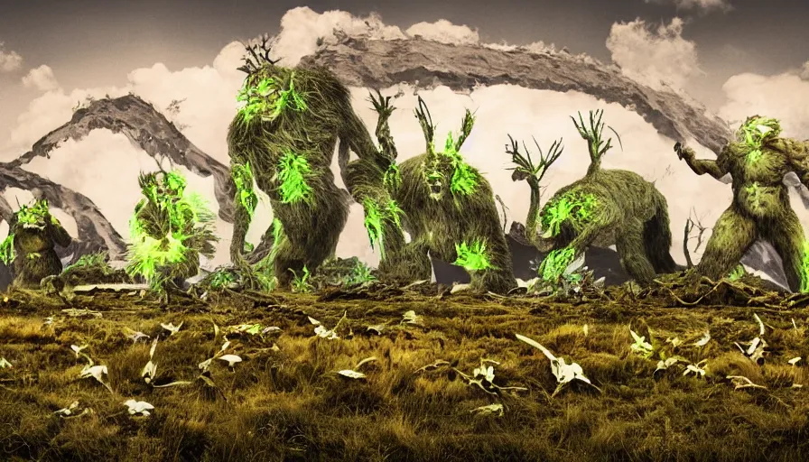 Prompt: a radioactive landscape with large monsters foraging for food, award winning photography