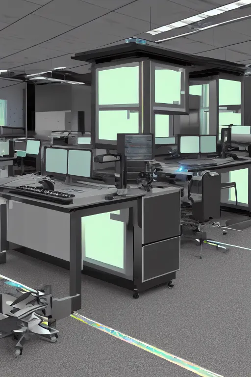 Image similar to dark isometric tech lab with shiny holographic control panels