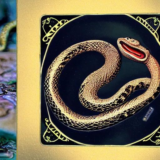 Image similar to a snake biting itself in the center of a tarot card, intricate details in the frames, 4k, high quality render.