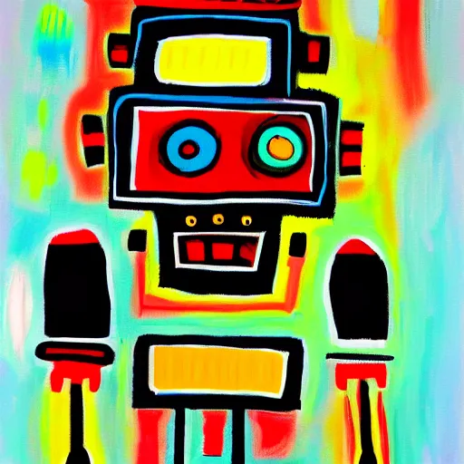 Image similar to painting of a Robot that has feelings in the style of Basquiat