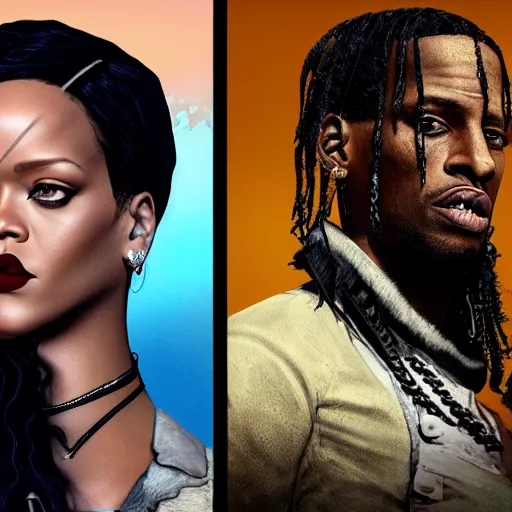 Prompt: rihanna and travis scott in rdr 2, trending on artstation, hyperdetalied, realistic,