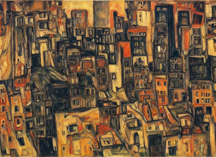 Image similar to a San-Francisco cityscape, houses, trees and hell in style of Chaim Soutine, Egon Schiele city drawings and Frank Auerbach and Bosch