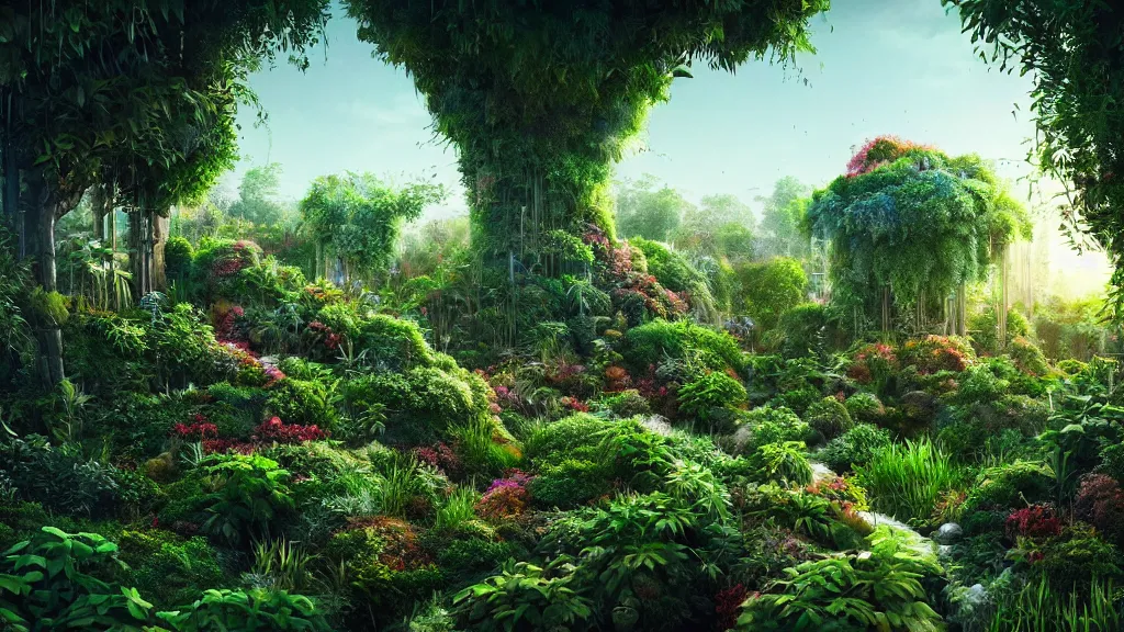 Image similar to babylon sky garden, rising series layered garden, shrubs and vines, dramatic lighting, epic composition, wide angle, wild breathing, jonas drow and beeple and studio ghibli style, in artstation hdr, wild breathing, c 4 d rendering