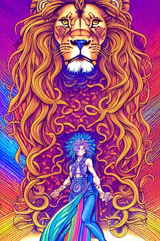 Image similar to illustration of a figure with the head of a lion, prismatic healing waves, rainbows, intricate linework, in the style of moebius, ayami kojima, 1 9 9 0's anime, retro fantasy