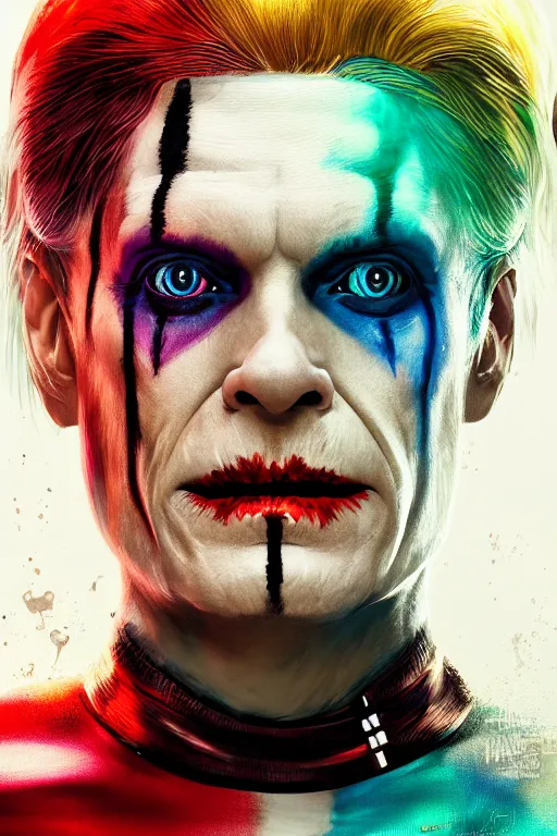 Image similar to portrait of williem dafoe as a harley quinn in suicide squad. intricate abstract. intricate artwork. by tooth wu, wlop, beeple, dan mumford. octane render, trending on artstation, greg rutkowski very coherent symmetrical artwork. cinematic, hyper realism, high detail, octane render, 8 k, iridescent accents