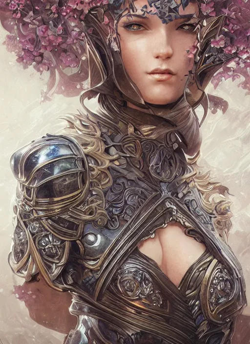 Image similar to Muscular and powerful medieval knight woman portrait, art nouveau, fantasy, intricate flower designs, elegant, highly detailed, sharp focus, art by Artgerm and Greg Rutkowski