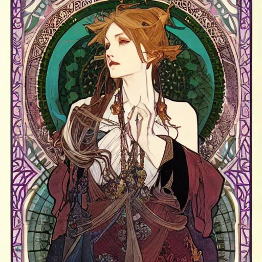 Image similar to the dark arts art by Akihiko Yoshida and Alphonse Mucha