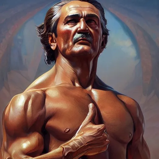 Image similar to fullbody portrait of mustafa kemal atatürk, muscular, upper body,big chest, amazon warrior, fantasy, intricate, elegant, highly detailed, digital painting, artstation, concept art, matte, sharp focus, illustration, art by Artgerm and Greg Rutkowski and Alphonse Mucha