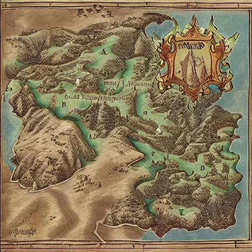 Prompt: map of the kingdom of almara with the crest of the kingdom in the top left corner, mountains, villages, roads, medieval - fantasy