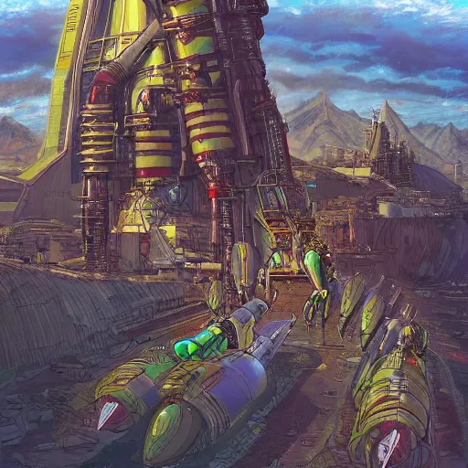 Prompt: rocket factory on ruined planet, moebius, mike mignogna, highly detailed, rich colors, artgerm, trending on artstation