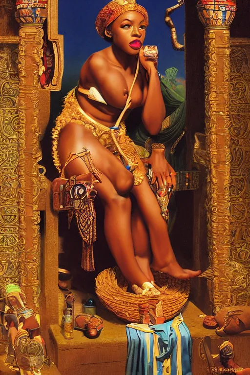 Prompt: an african goddess queen in a temple by gil elvgren and norman rockwell and rob gonsalves and hajime sorayama, hyperrealistic, high detail