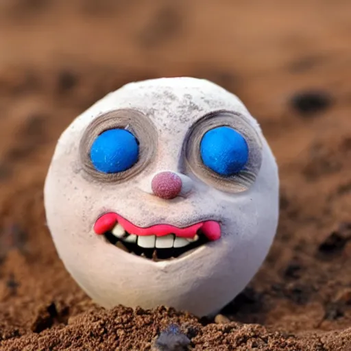 Image similar to photo of a small round creature made of dirt with round blue eyes and a round clown nose and a cute smile