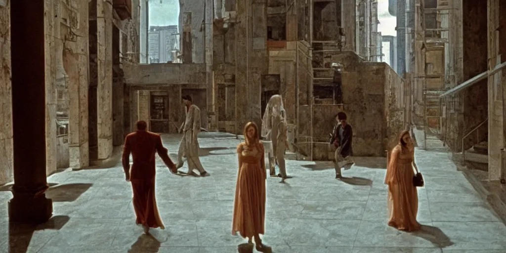 Image similar to a scene from the movie la felicita ( 1 9 7 1 ) by luchino visconti with mastroianni and claudia cardinale walking in a scifi cyberpunk futurist city reminiscent of the ( ( ( ideal city by piero della francesca. technicolor ) ) ), cinematic, 5 0 mm, highly detailed