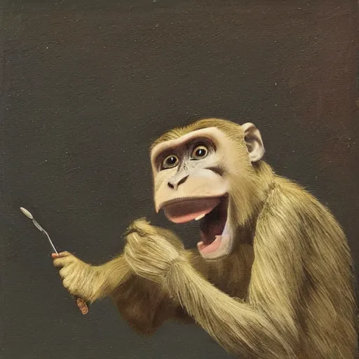 Prompt: an anthropormorphic tin can eating a monkey, painting