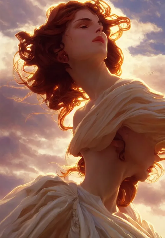 Prompt: Circe, posing heroically, heavenly sunlit clouds background, close-up shot, elegant, digital painting, golden hour, cinematic, epic, trending on artstation, concept art, smooth, sharp focus, illustration, art by artgerm and Greg Rutkowski and Alphonse Mucha