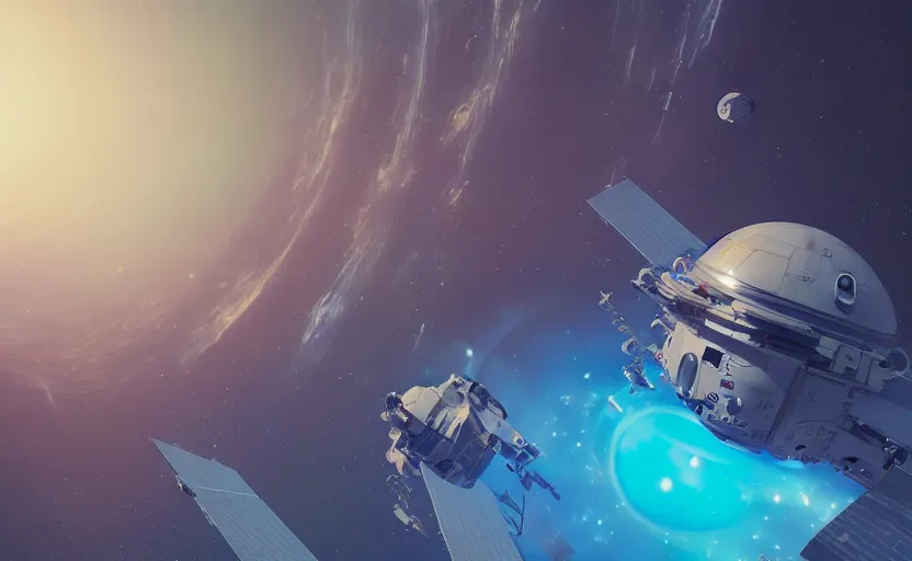 Image similar to A spacestation in orbit, rendered by Beeple, by Makoto Shinkai, syd meade, starwars, space art concept, digital art, unreal engine, WLOP, trending on artstation, 4K UHD image, octane render,