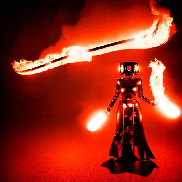 Image similar to robot woman fire dance holding katana, detailed pose energy, shibuya prefecture, cinematic lighting, fog mist smoke, photorealistic, night photography by tomino - sama