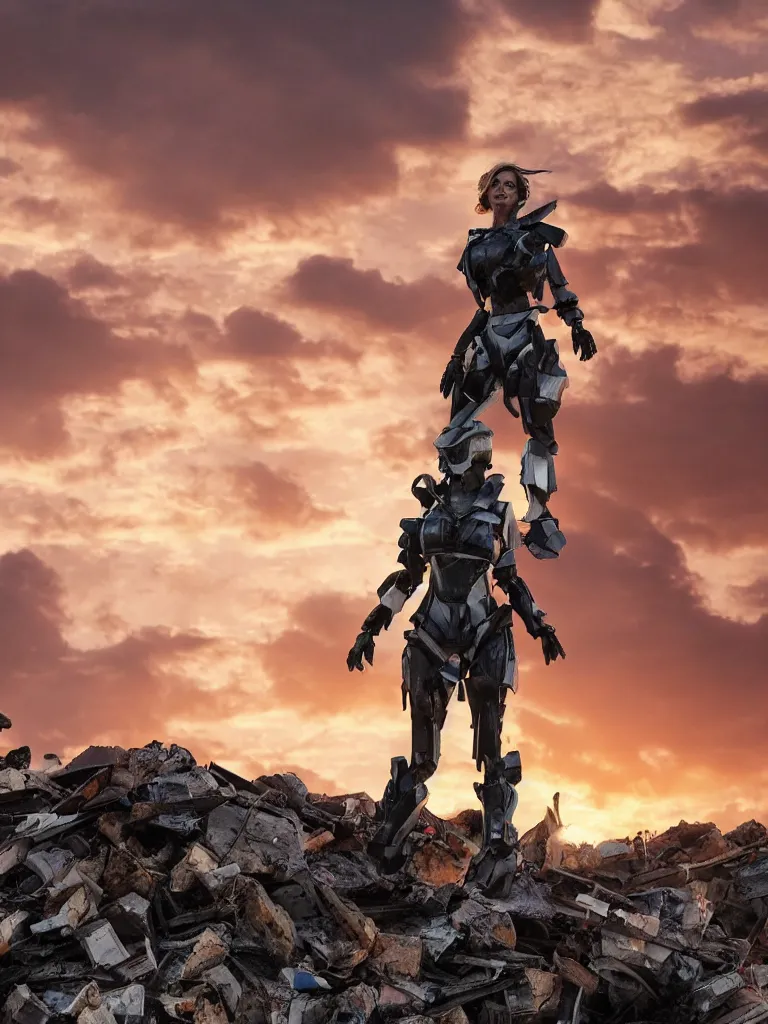 Image similar to emily blunt in futuristic power armor, solitary figure standing atop a pile of rubble, sunset and big clouds behind her