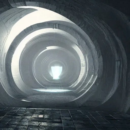 Prompt: underground labyrinth in liminal space, clean, retrofuturism, unreal engine, concept art