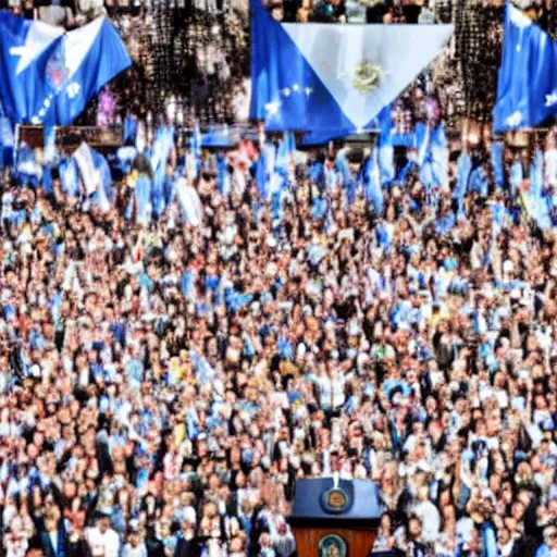 Image similar to Lady Gaga as president, Argentina presidential rally, Argentine flags behind, bokeh, giving a speech, detailed face, Argentina