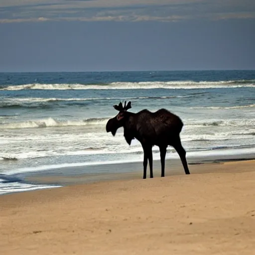 Image similar to photo of a moose at the beach in Tel Aviv, 50mm, beautiful photo