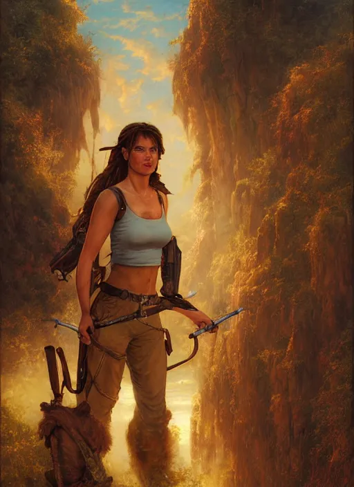 Image similar to seasoned adventurer Lara Croft, golden hour, Lilia Alvarado, Sophie Anderson, Mark Arian, Bob Byerley, Charlie Bowater, Mark Brooks, Steve Henderson, Justin Gerard, Arthur Hughes, Edward Robert Hughes, Mark Keathley, Victor Nizovtsev, Carlos Shwabe, Ross Tran, WLOP