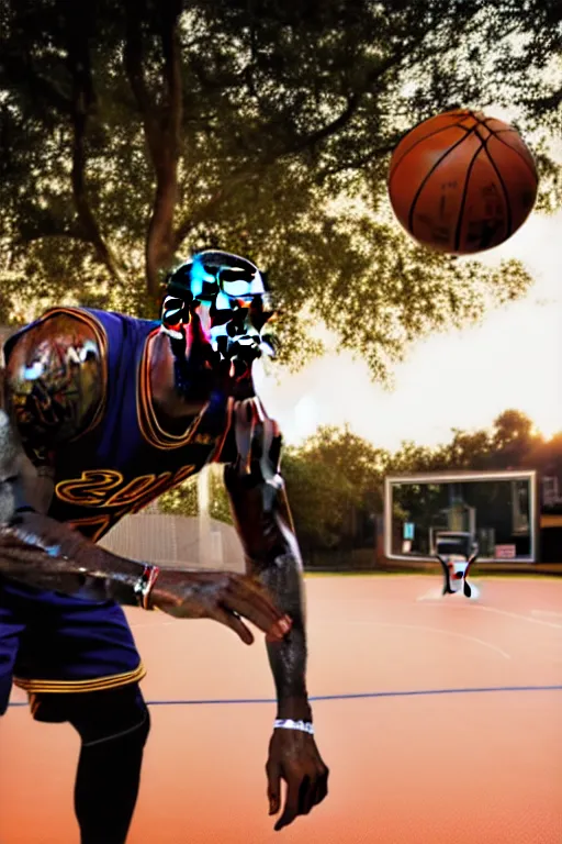 Prompt: lebron james playing basketball outside at sunset