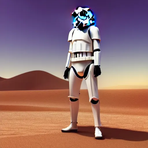 Image similar to innovative avant-garde art, deco fashion, stormtrooper, highly detailed, photorealistic portrait, serene desert setting, golden hour, crisp quality and light reflections, unreal engine 5 quality render