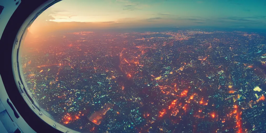 Prompt: wide angle photo looking out the window of a space capsule, liminal, cinematic, dreamscape, cinematics lighting, sunset colors, flying in the air, city in background