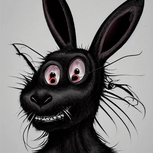 Image similar to A extremely highly detailed majestic hi-res beautiful, highly detailed head and shoulders portrait of a scary terrifying, horrifying, creepy maniacal crazy black cartoon rabbit with scary big eyes, earing a shirt laughing maniacally , let's be friends, in the style of a Walt Disney cartoon