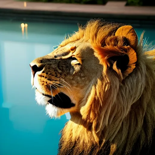 Image similar to a very detailed photo of a lion ( smoking a cigar ) outside the mansion by the pool