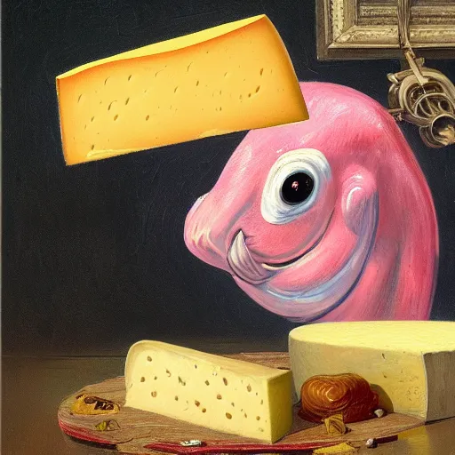 Image similar to a highly detailed oil painting of a pink dolphin ruling a cheese kingdom where everything is made from different types of cheese, surreal, 4 k, trending on art station, in the style of caravaggio, comic book style, van gogh