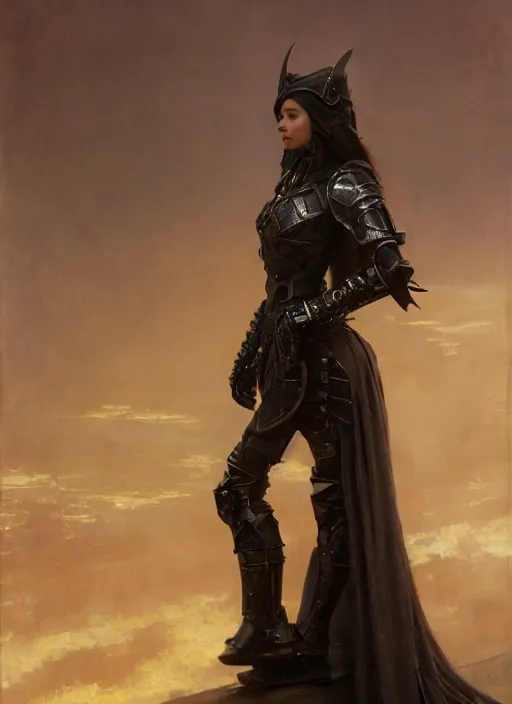 Image similar to beautiful young woman wearing black medieval armour, by gaston bussiere, bayard wu, greg rutkowski, giger, maxim verehin, greg rutkowski, masterpiece, sharp focus, cinematic lightning