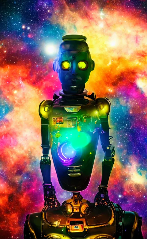 Prompt: a portrait of a hi-tech sci-fi robot with vividly colorful diodes and a human-shaped face smoking weed in deep space in front of the Carina Nebula, photography, color, very detailed, realistic