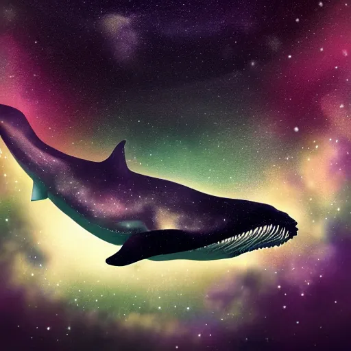 Image similar to portrait of whale swimming on a dark night sky, swimming across the universe, galaxies, oniric, dreamy, beautiful, highly detailed, realistic, cinematic, dynamic composition, trending on artstation