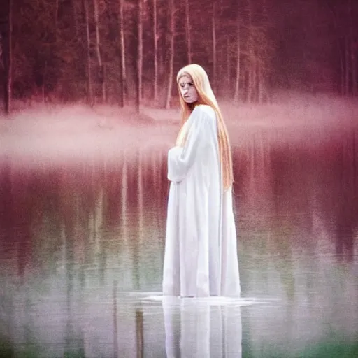 Image similar to a stunning painting of a beautiful lady with white long hair and dressed with a red victorian cloak, standing in a lake, mist, morning light, dreamy atmosphere, cinematic