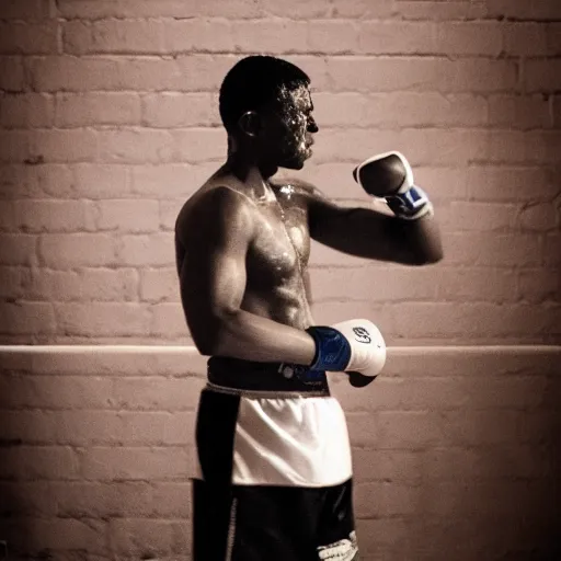 Image similar to portrait of boxer after boxing with brews blood sweating, photography photojournalism, very grainy image