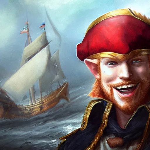 Image similar to dashing charming ginger grinning charismatic elf male rogue, wearing pirate captain's tricorne hat, naval background, amazing, portrait, stunning, trending on art station, artgerm, Greg rutkowski