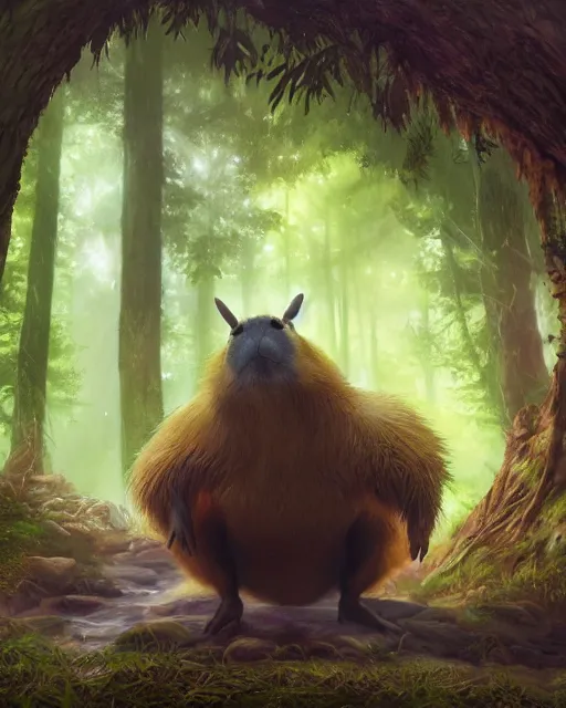 Prompt: oil painting of Anthropomorphized Capybara Druid casting green magic spell, wearing leaf cloak, glowing eyes, casting spell, sharp focus, fantasy style, octane render, volumetric lighting, 8k high definition, by greg rutkowski, highly detailed, trending on art Station, magic the gathering artwork, magical forest backround, centered