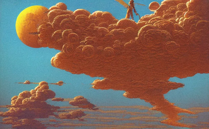 Image similar to anunnaki on a nimbus cloud, by moebius,