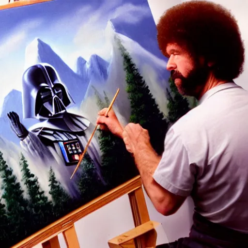 Image similar to a closeup photorealistic photograph of bob ross working on a canvas painting of darth vader. film still. brightly lit scene. mountains and trees. this 4 k hd image is trending on artstation, featured on behance, well - rendered, extra crisp, features intricate detail, epic composition and the style of unreal engine.