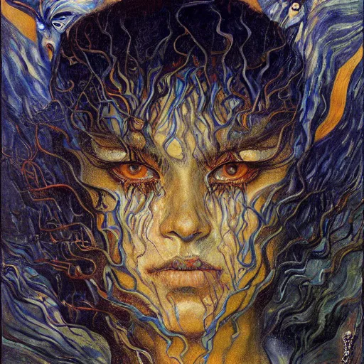 Image similar to Visions of Hell by Karol Bak, Jean Deville, Gustav Klimt, and Vincent Van Gogh, nightmare portrait, infernal, visionary, otherworldly, fractal structures, ornate gilded medieval icon, third eye, hellfire, spirals, cosmic horror