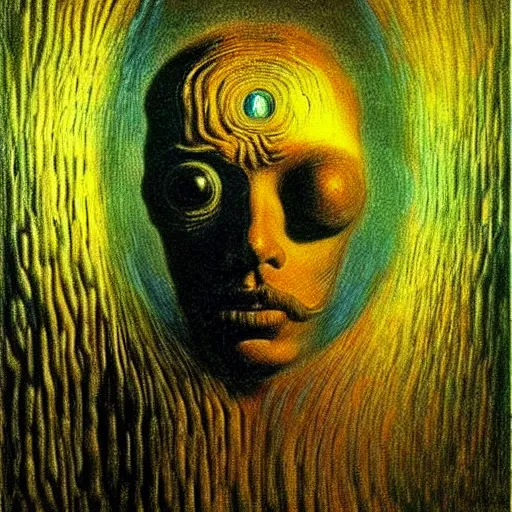 Image similar to The artificial intelligence recognizes its soul in the mirror - contest-winning artwork by Salvador Dali, Beksiński, Van Gogh, Giger, and Monet. Stunning lighting